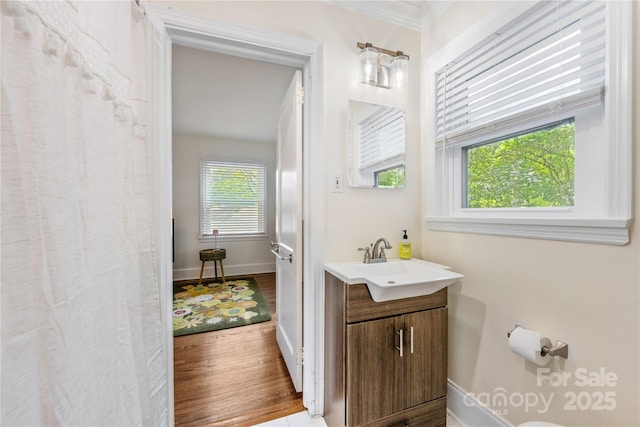 2034 Lanier Ave, Charlotte, NC 28205 - bathroom featuring vanity, ornamental molding, and wood finished floors