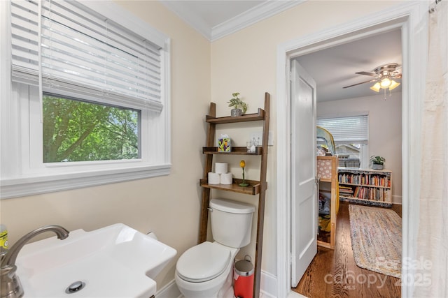 2034 Lanier Ave, Charlotte, NC 28205 - bathroom featuring crown molding, wood finished floors, and ceiling fan