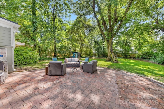 2034 Lanier Ave, Charlotte, NC 28205 - view of patio / terrace featuring outdoor lounge area and a shed
