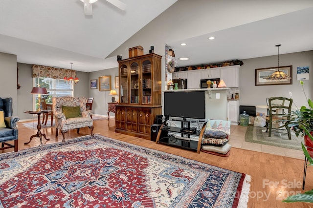 16 Sunview Cir, Arden, NC 28704 - living room with vaulted ceiling, a ceiling fan, light wood-type flooring, and recessed lighting