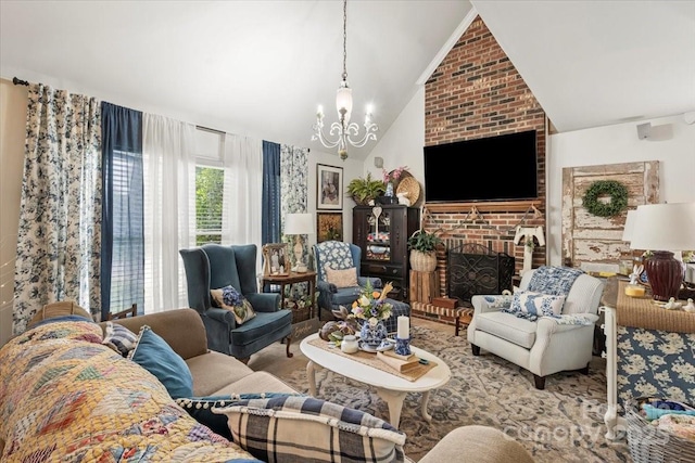111 Beacon Hills Dr, Gastonia, NC 28056 - living room featuring a chandelier, lofted ceiling, and a brick fireplace