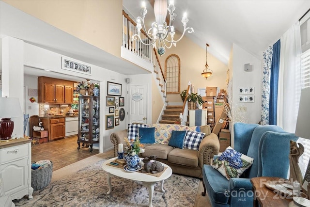 111 Beacon Hills Dr, Gastonia, NC 28056 - living area with stairway, a chandelier, lofted ceiling, and light tile patterned floors