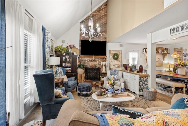 111 Beacon Hills Dr, Gastonia, NC 28056 - living room with a chandelier, lofted ceiling, and a brick fireplace