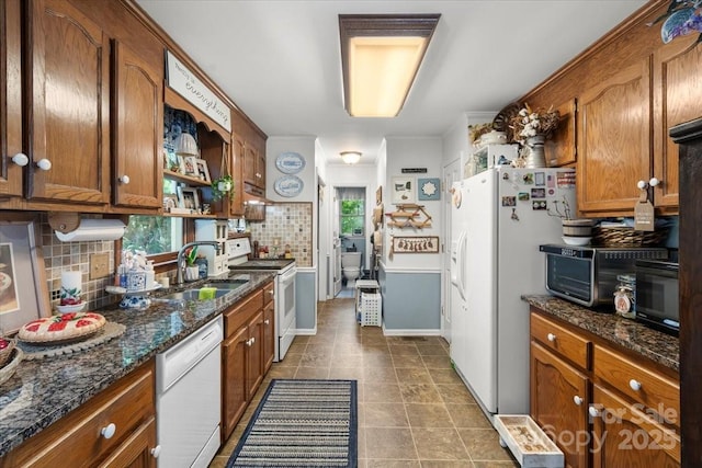 111 Beacon Hills Dr, Gastonia, NC 28056 - kitchen featuring white appliances, backsplash, brown cabinets, and open shelves