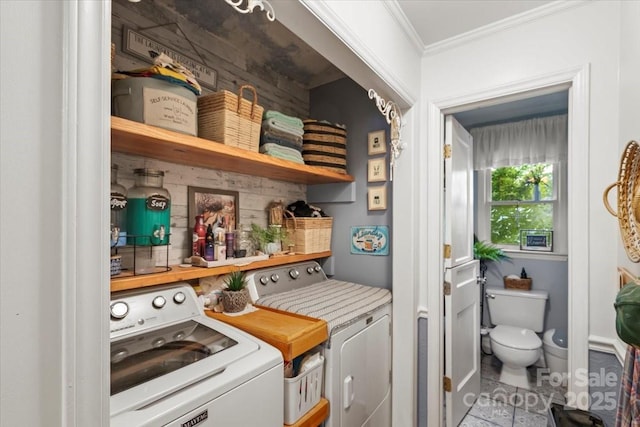 111 Beacon Hills Dr, Gastonia, NC 28056 - laundry room featuring washing machine and clothes dryer and crown molding