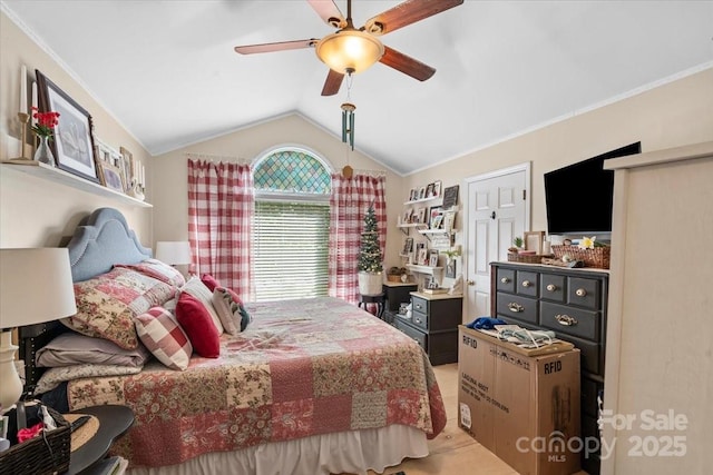 111 Beacon Hills Dr, Gastonia, NC 28056 - bedroom with lofted ceiling, a ceiling fan, and crown molding