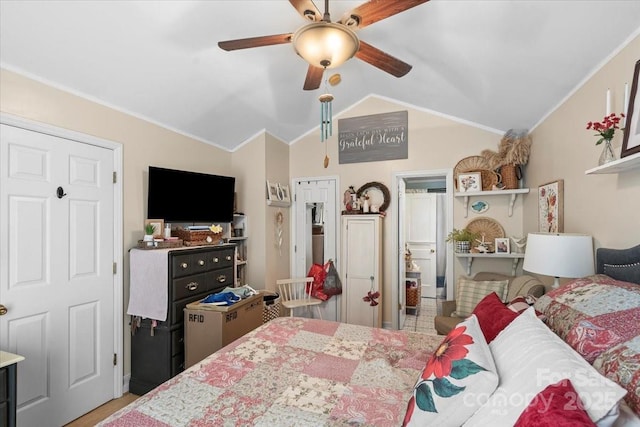 111 Beacon Hills Dr, Gastonia, NC 28056 - bedroom featuring ornamental molding, vaulted ceiling, and a ceiling fan
