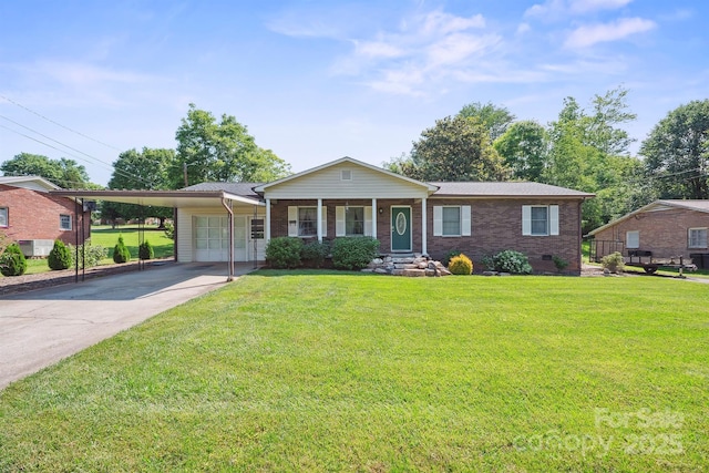 203 Shuping St, Morganton, NC 28655 - ranch-style home featuring a garage, concrete driveway, a front yard, brick siding, and an attached carport