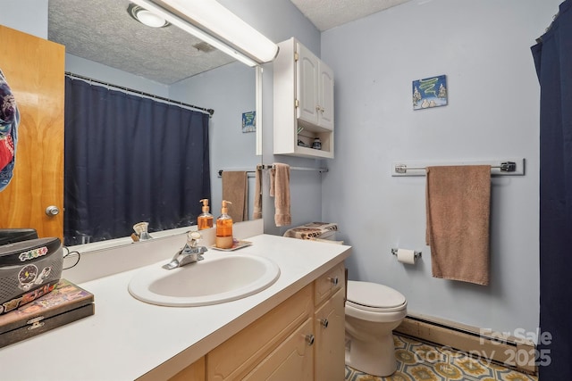 203 Shuping St, Morganton, NC 28655 - bathroom with a baseboard heating unit, a textured ceiling, vanity, and a shower with curtain