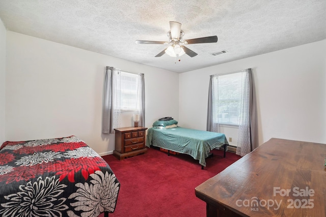 203 Shuping St, Morganton, NC 28655 - bedroom featuring multiple windows, dark colored carpet, ceiling fan, and a textured ceiling