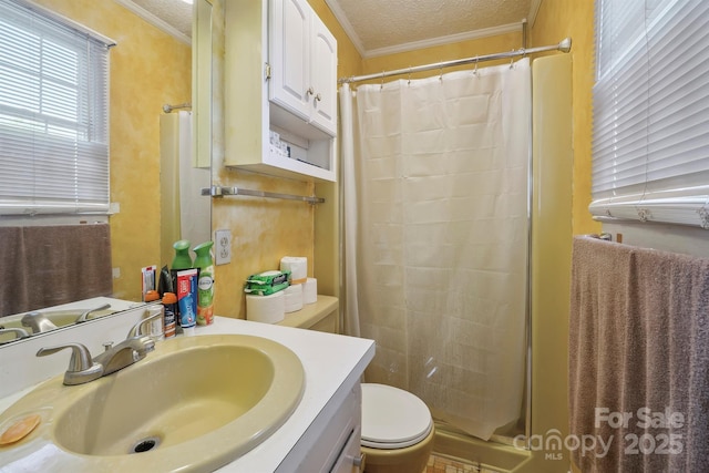 203 Shuping St, Morganton, NC 28655 - bathroom with crown molding, vanity, curtained shower, and a textured ceiling