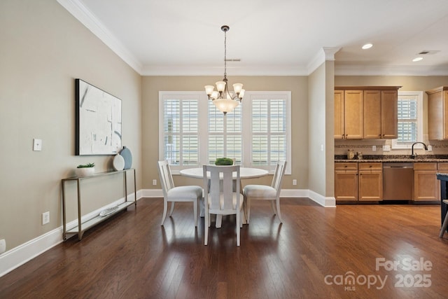 12525 Druids Glen Dr, Pineville, NC 28134 - dining space with a chandelier, dark wood-type flooring, and crown molding