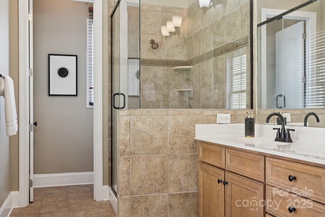 12525 Druids Glen Dr, Pineville, NC 28134 - bathroom with vanity, a stall shower, and plenty of natural light