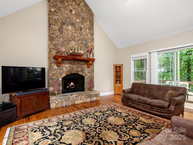 303 S Braeside Ct, Asheville, NC 28803 - living room with high vaulted ceiling, wood finished floors, and a stone fireplace