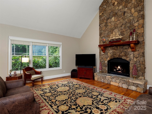 303 S Braeside Ct, Asheville, NC 28803 - living area featuring wood finished floors, a stone fireplace, and high vaulted ceiling