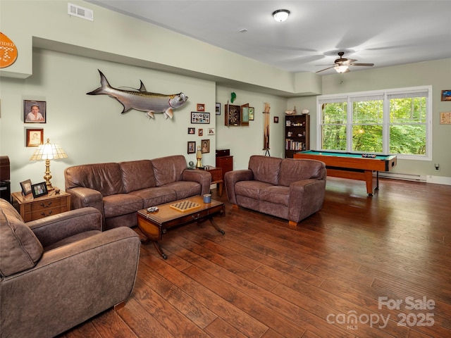 303 S Braeside Ct, Asheville, NC 28803 - living room featuring wood-type flooring, a baseboard radiator, billiards, and a ceiling fan