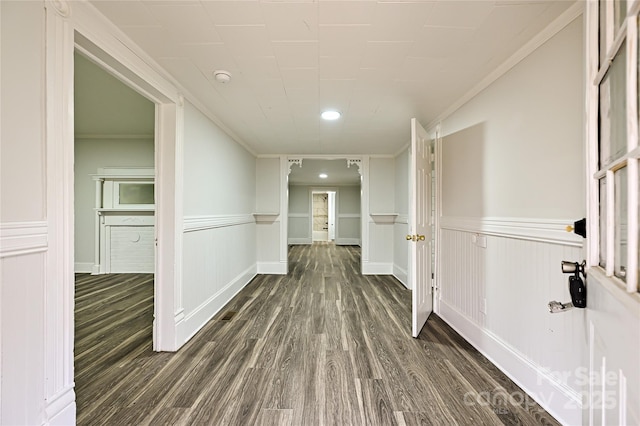 613 E Liberty St, Salisbury, NC 28144 - hall with crown molding, dark wood-style flooring, wainscoting, and recessed lighting