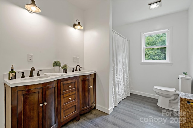 2526 Hankins Rd, Marion, NC 28752 - bathroom featuring wood finished floors, double vanity, and a shower with shower curtain