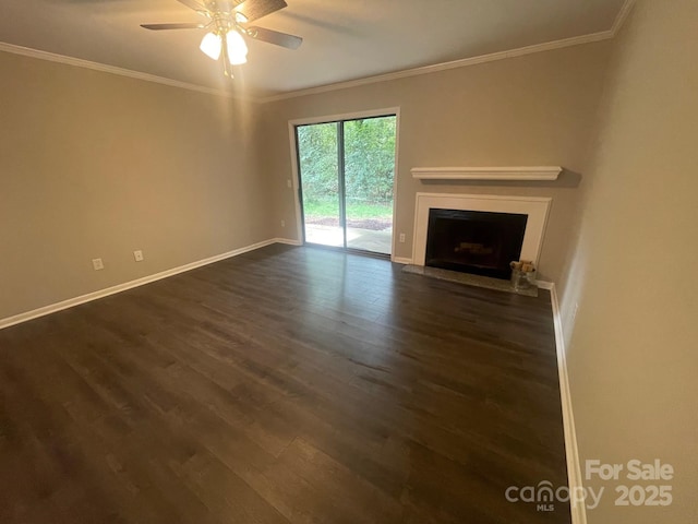 3200 Heathstead Pl Unit E, Charlotte, NC 28210 - unfurnished living room featuring dark wood-type flooring, crown molding, a ceiling fan, and a fireplace