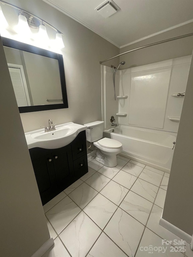 3200 Heathstead Pl Unit E, Charlotte, NC 28210 - bathroom with marble look tile flooring, vanity, washtub / shower combination, and ornamental molding