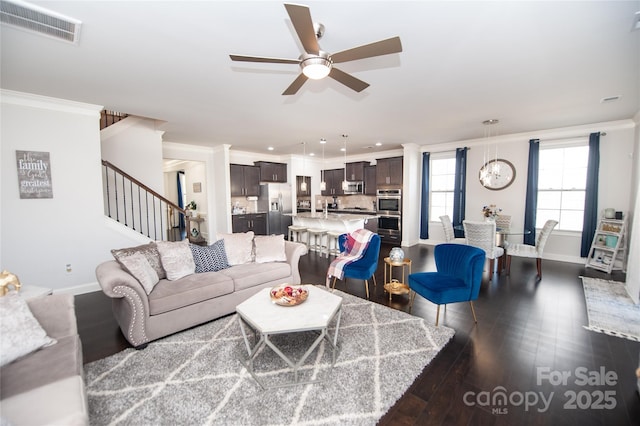 660 Highgarden Ln, Boiling Springs, SC 29316 - living area with stairs, a ceiling fan, crown molding, dark wood-style flooring, and recessed lighting