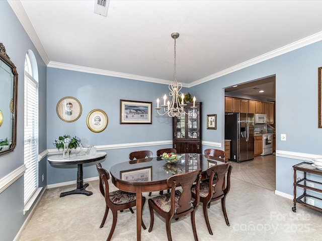 3533 Weddington Ridge Ln, Matthews, NC 28105 - dining space with light colored carpet, healthy amount of natural light, ornamental molding, and a chandelier