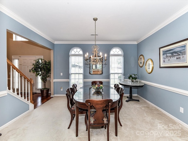 3533 Weddington Ridge Ln, Matthews, NC 28105 - dining space featuring a chandelier, carpet floors, crown molding, and healthy amount of natural light