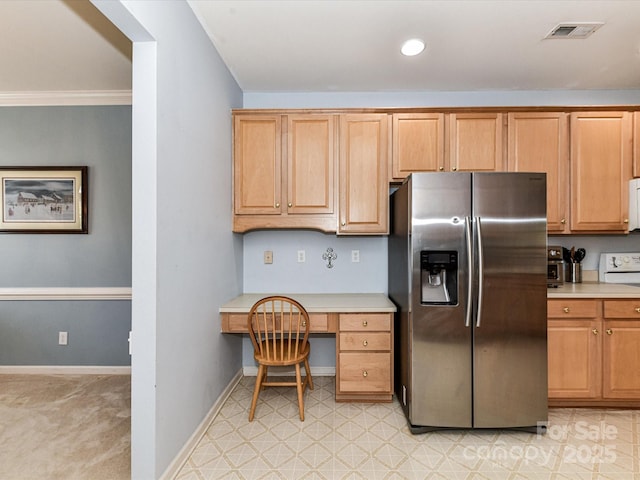 3533 Weddington Ridge Ln, Matthews, NC 28105 - kitchen with stainless steel fridge, built in desk, light countertops, recessed lighting, and crown molding