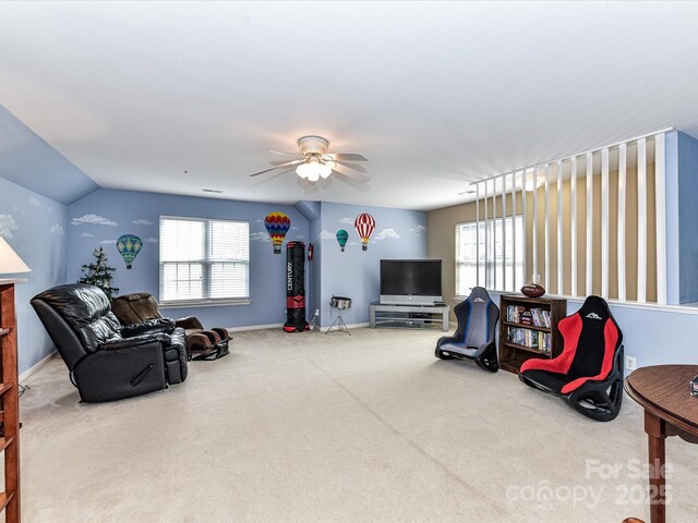 3533 Weddington Ridge Ln, Matthews, NC 28105 - carpeted living area with ceiling fan, healthy amount of natural light, and vaulted ceiling