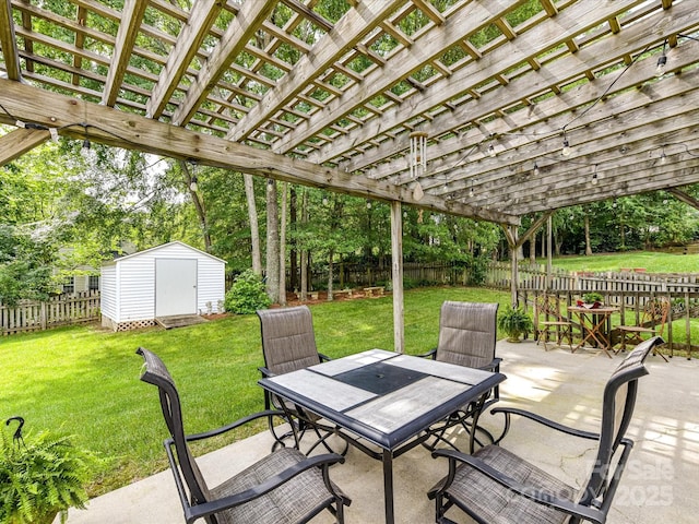 3533 Weddington Ridge Ln, Matthews, NC 28105 - fenced backyard with outdoor dining space, a storage unit, a patio, and a pergola