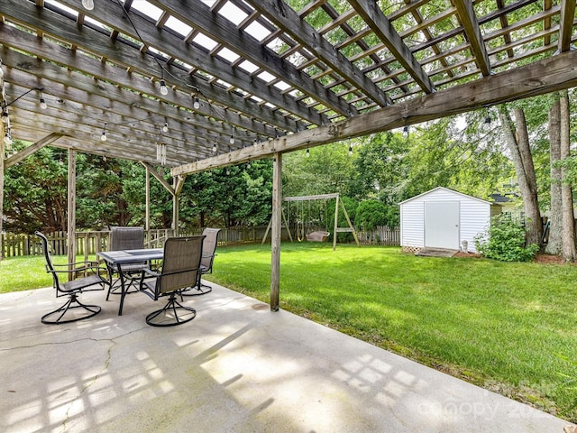 3533 Weddington Ridge Ln, Matthews, NC 28105 - fenced backyard with outdoor dining space, a storage unit, a patio, and a pergola