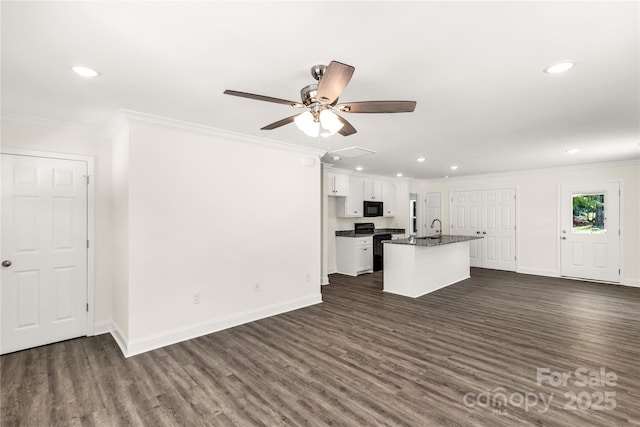 812 Generation Ln, Clover, SC 29710 - kitchen featuring dark countertops, range with electric stovetop, ceiling fan, crown molding, and dark wood finished floors