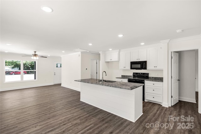 812 Generation Ln, Clover, SC 29710 - kitchen with black appliances, ornamental molding, white cabinets, dark wood-type flooring, and a kitchen island with sink