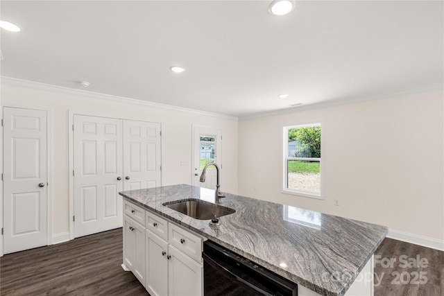812 Generation Ln, Clover, SC 29710 - kitchen featuring dishwasher, crown molding, dark wood-type flooring, white cabinets, and a center island with sink