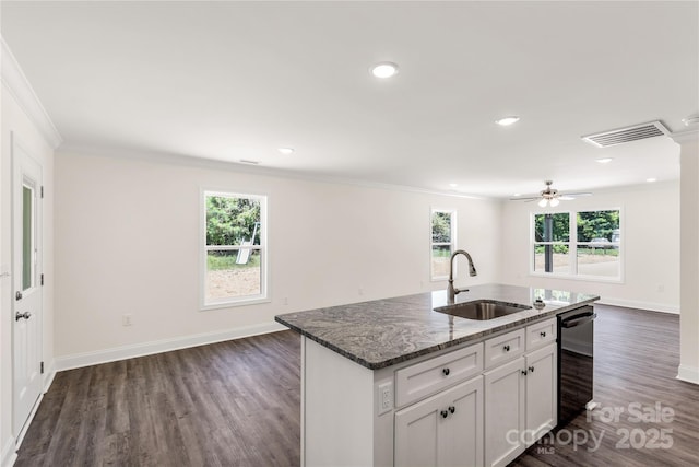 812 Generation Ln, Clover, SC 29710 - kitchen featuring open floor plan, black dishwasher, ornamental molding, dark wood-type flooring, and dark stone counters