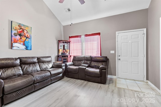 6113 Windsor Gate Ln Unit 6113, Charlotte, NC 28215 - living area with high vaulted ceiling, light wood-type flooring, and ceiling fan