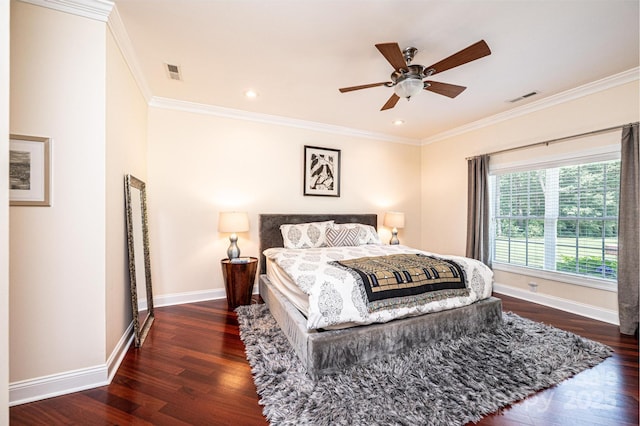 4010 Carlton Dr, Claremont, NC 28610 - bedroom featuring dark wood-style flooring, crown molding, ceiling fan, and recessed lighting