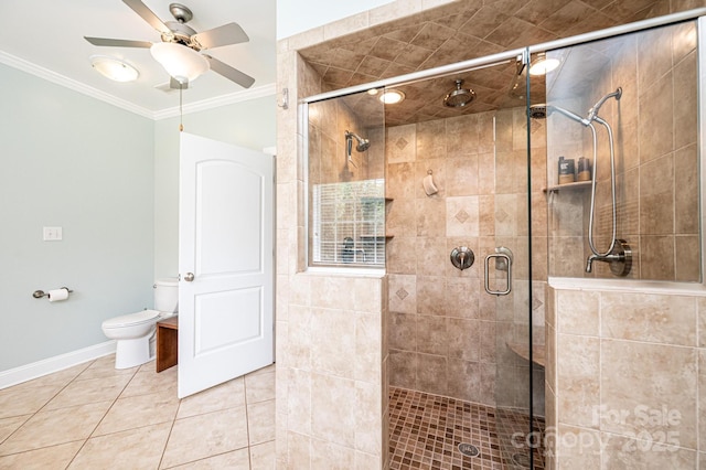 4010 Carlton Dr, Claremont, NC 28610 - full bath featuring crown molding, a ceiling fan, a shower stall, and tile patterned floors