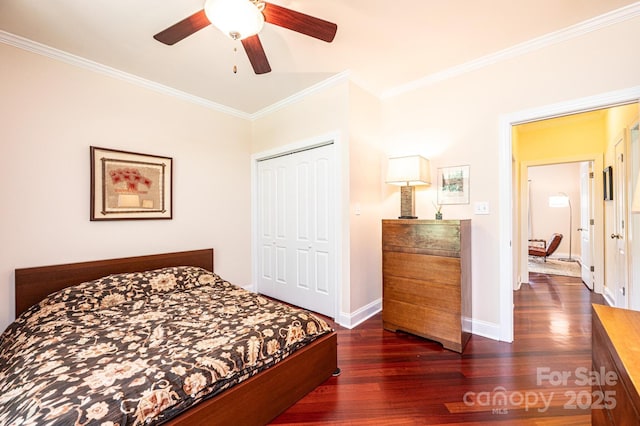 4010 Carlton Dr, Claremont, NC 28610 - bedroom with wood finished floors, ornamental molding, a closet, and ceiling fan