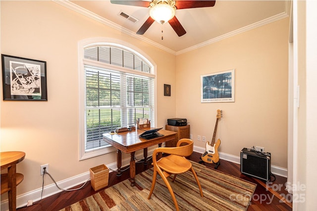4010 Carlton Dr, Claremont, NC 28610 - office area featuring crown molding, wood finished floors, and a ceiling fan