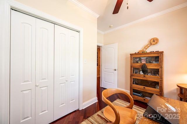 4010 Carlton Dr, Claremont, NC 28610 - home office featuring crown molding, a ceiling fan, and dark wood-style flooring