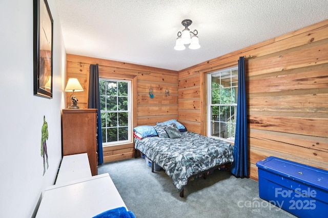 66 Ashlyn Ln, Tryon, NC 28782 - carpeted bedroom featuring wooden walls and a textured ceiling