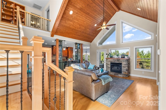 5346 Oak Crest Ln, Lenoir, NC 28645 - living room featuring high vaulted ceiling, wood finished floors, a stone fireplace, wooden ceiling, and stairway