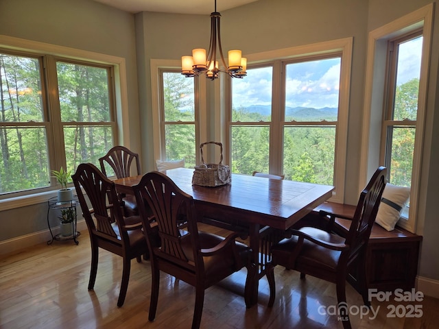 5346 Oak Crest Ln, Lenoir, NC 28645 - dining room with light wood-style floors, a chandelier, plenty of natural light, and a mountain view