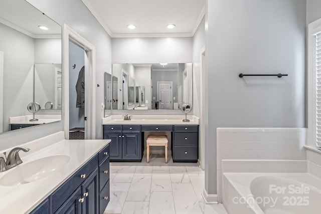 10418 Pullengreen Dr, Charlotte, NC 28277 - bathroom featuring marble finish floors, a bath, two vanities, crown molding, and recessed lighting