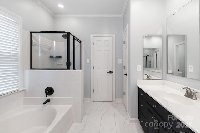 10418 Pullengreen Dr, Charlotte, NC 28277 - bathroom featuring a bath, vanity, a stall shower, marble finish floors, and crown molding