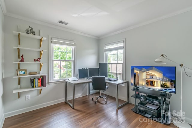 10418 Pullengreen Dr, Charlotte, NC 28277 - home office with ornamental molding, plenty of natural light, and wood finished floors