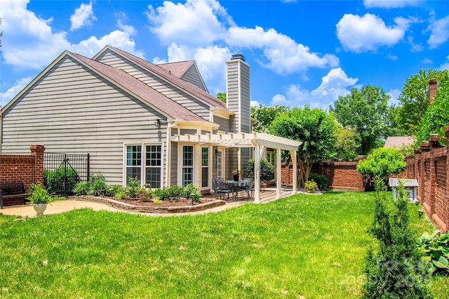 10418 Pullengreen Dr, Charlotte, NC 28277 - rear view of property featuring a pergola, a chimney, a patio area, and a shingled roof