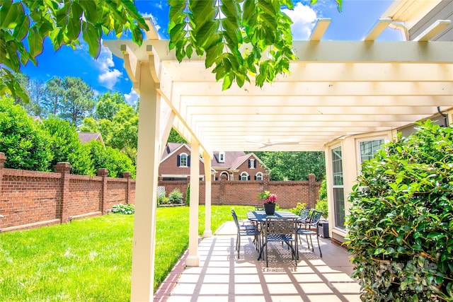 10418 Pullengreen Dr, Charlotte, NC 28277 - fenced backyard with a pergola, a patio area, ceiling fan, and outdoor dining space