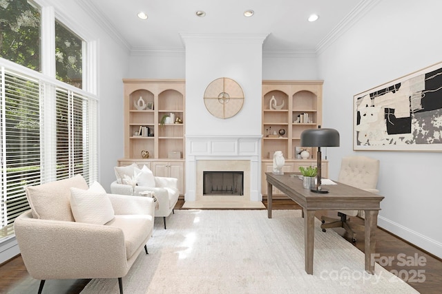 7912 Baltusrol Ln, Charlotte, NC 28210 - home office with crown molding, a high end fireplace, wood finished floors, and recessed lighting